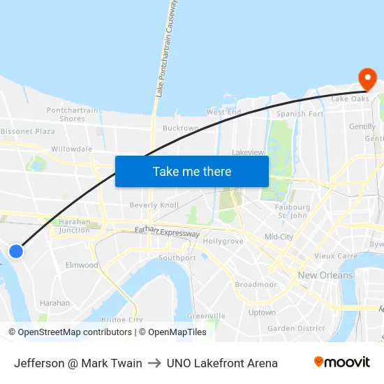 Jefferson @ Mark Twain to UNO Lakefront Arena map