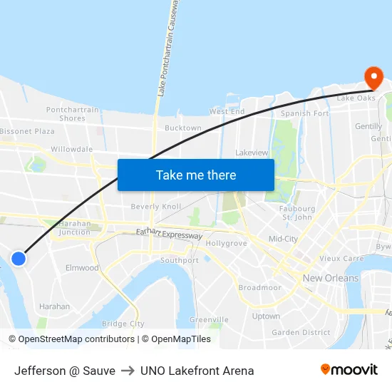 Jefferson @ Sauve to UNO Lakefront Arena map
