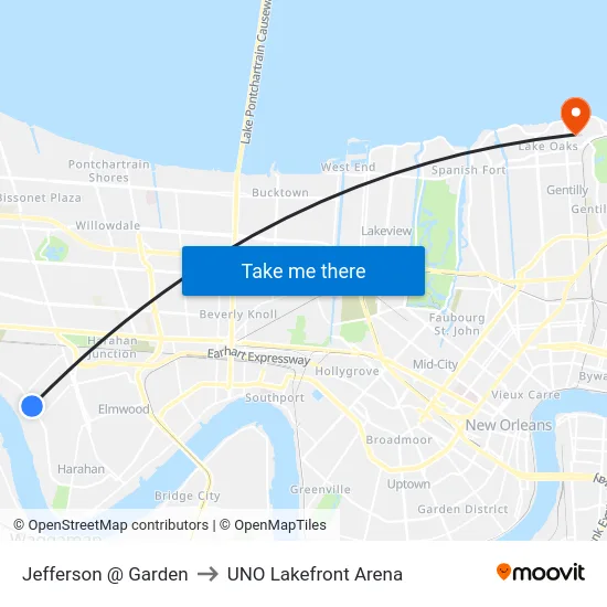 Jefferson @ Garden to UNO Lakefront Arena map