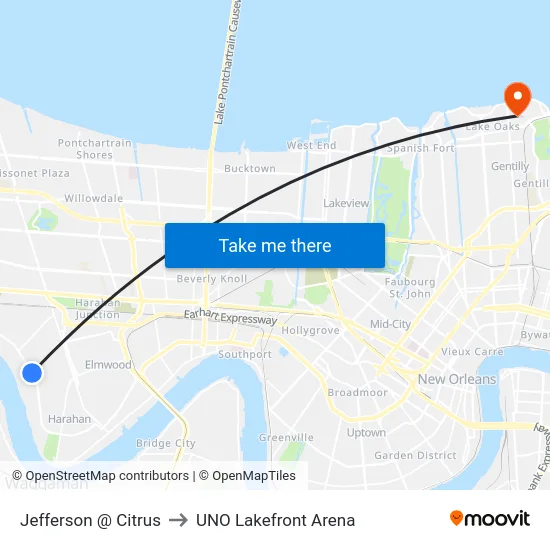 Jefferson @ Citrus to UNO Lakefront Arena map