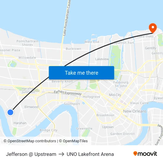 Jefferson @ Upstream to UNO Lakefront Arena map