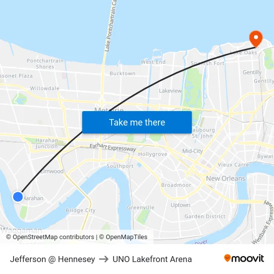 Jefferson @ Hennesey to UNO Lakefront Arena map