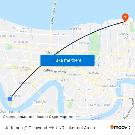 Jefferson @ Glenwood to UNO Lakefront Arena map