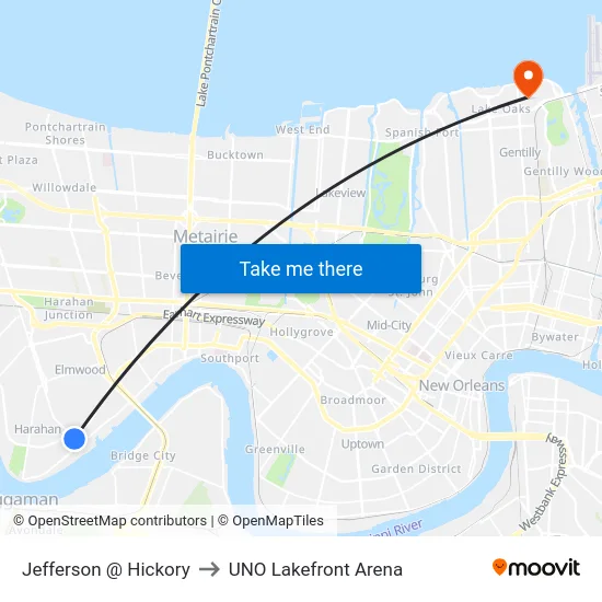 Jefferson @ Hickory to UNO Lakefront Arena map