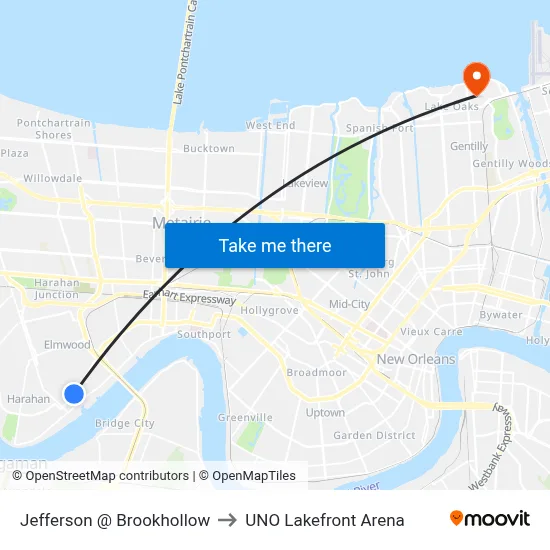 Jefferson @ Brookhollow to UNO Lakefront Arena map