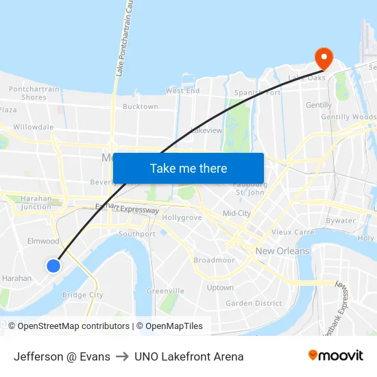 Jefferson @ Evans to UNO Lakefront Arena map