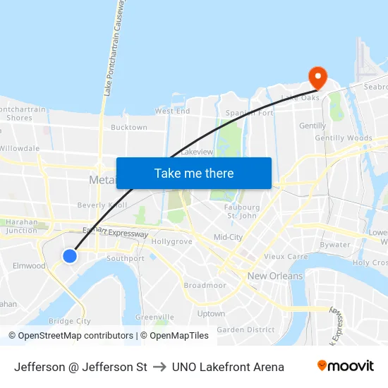 Jefferson @ Jefferson St to UNO Lakefront Arena map