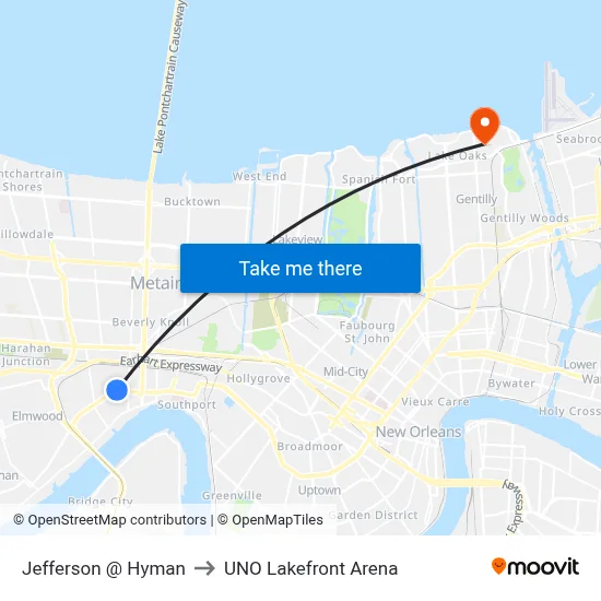 Jefferson @ Hyman to UNO Lakefront Arena map