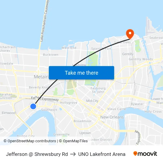 Jefferson @ Shrewsbury Rd to UNO Lakefront Arena map