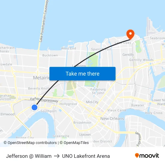 Jefferson @ William to UNO Lakefront Arena map