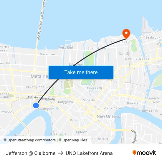 Jefferson @ Claiborne to UNO Lakefront Arena map