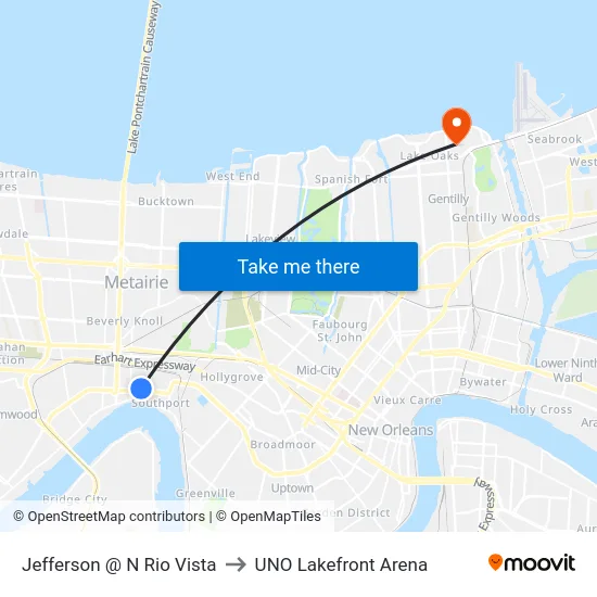 Jefferson @ N Rio Vista to UNO Lakefront Arena map