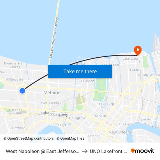 West Napoleon @ East Jefferson Library to UNO Lakefront Arena map