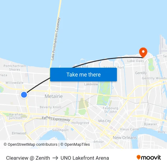 Clearview @ Zenith to UNO Lakefront Arena map