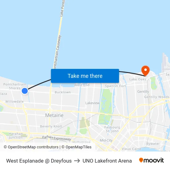 West Esplanade @ Dreyfous to UNO Lakefront Arena map