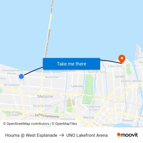 Houma @ West Esplanade to UNO Lakefront Arena map