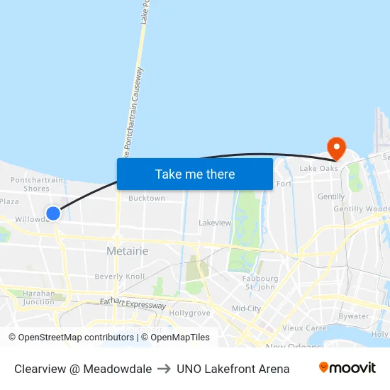 Clearview @ Meadowdale to UNO Lakefront Arena map