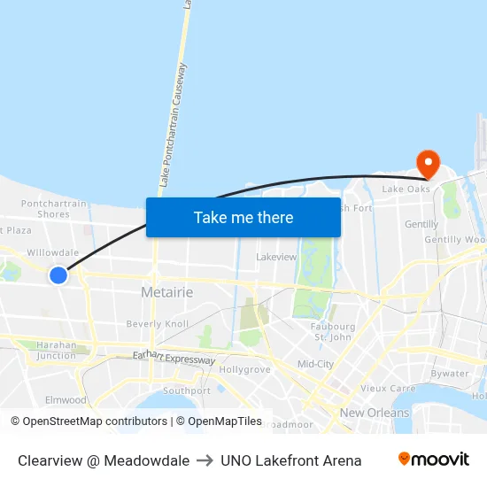 Clearview @ Meadowdale to UNO Lakefront Arena map
