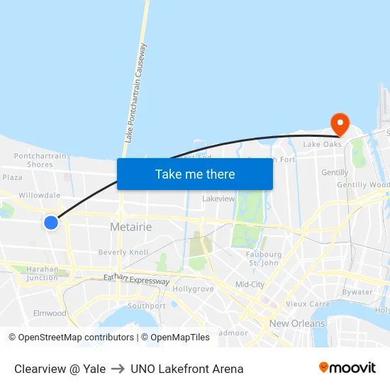 Clearview @ Yale to UNO Lakefront Arena map