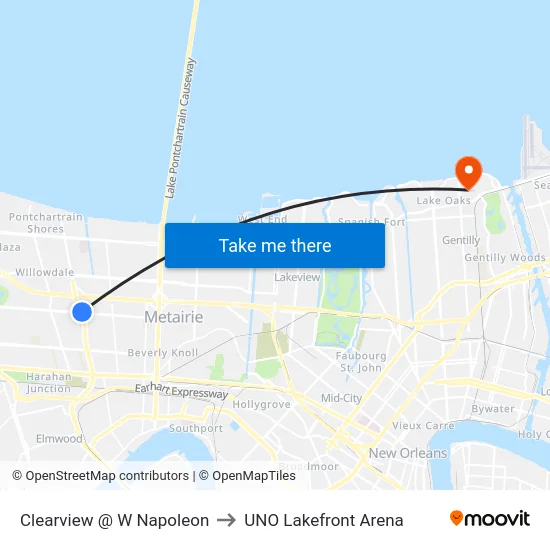 Clearview @ W Napoleon to UNO Lakefront Arena map
