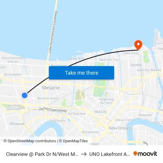 Clearview @ Park Dr N/West Metairie to UNO Lakefront Arena map