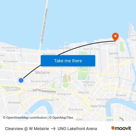 Clearview @ W Metairie to UNO Lakefront Arena map