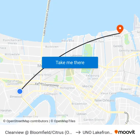 Clearview @ Bloomfield/Citrus (Oshner Hospital) to UNO Lakefront Arena map