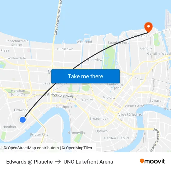 Edwards @ Plauche to UNO Lakefront Arena map