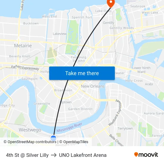 4th St @ Silver Lilly to UNO Lakefront Arena map