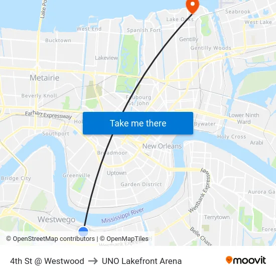 4th St @ Westwood to UNO Lakefront Arena map