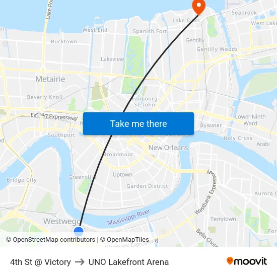 4th St @ Victory to UNO Lakefront Arena map
