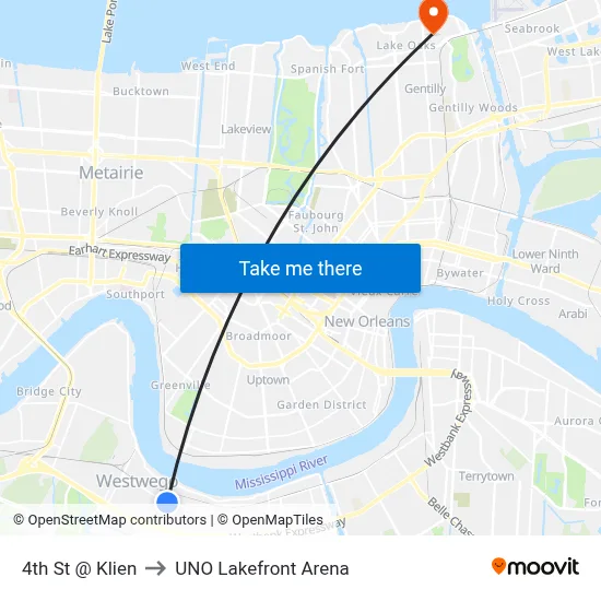 4th St @ Klien to UNO Lakefront Arena map