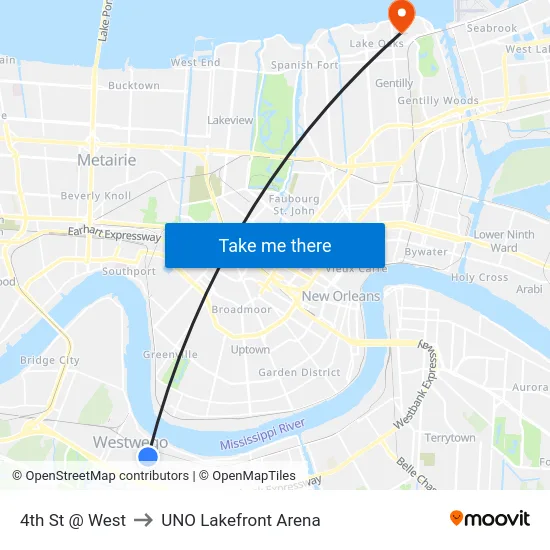 4th St @ West to UNO Lakefront Arena map