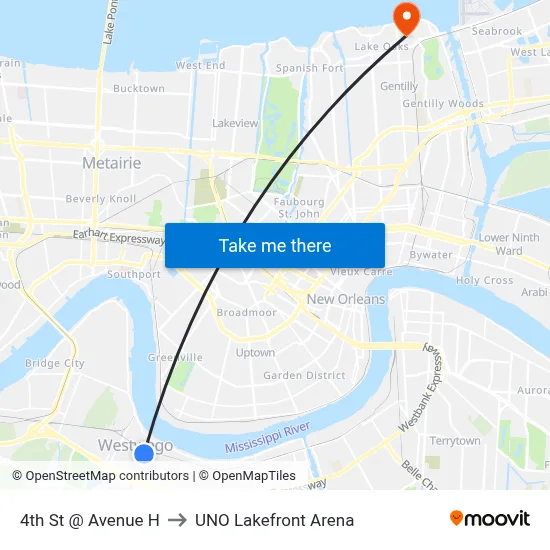 4th St @ Avenue H to UNO Lakefront Arena map