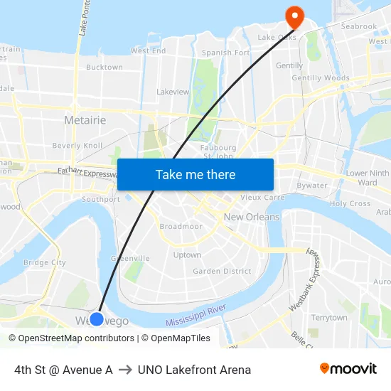 4th St @ Avenue A to UNO Lakefront Arena map
