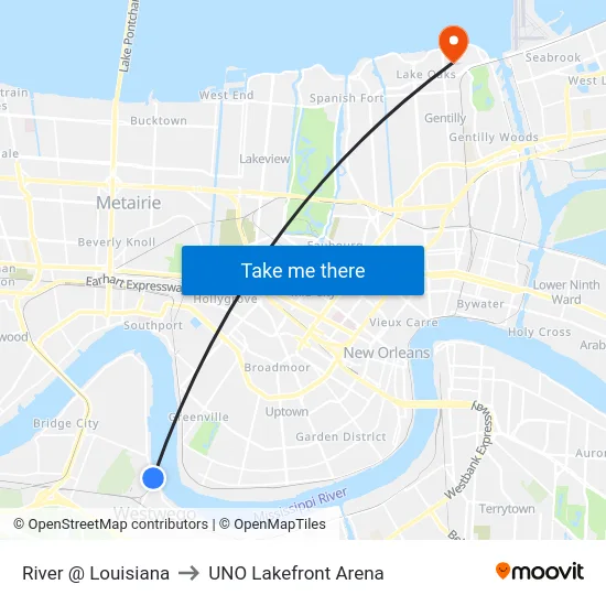 River @ Louisiana to UNO Lakefront Arena map