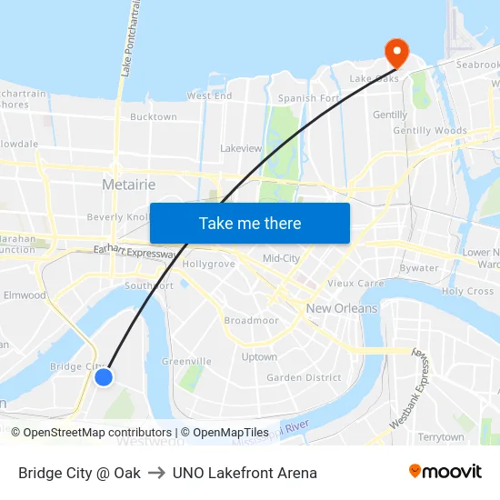 Bridge City @ Oak to UNO Lakefront Arena map