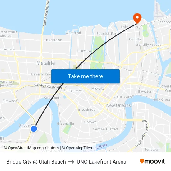 Bridge City @ Utah Beach to UNO Lakefront Arena map