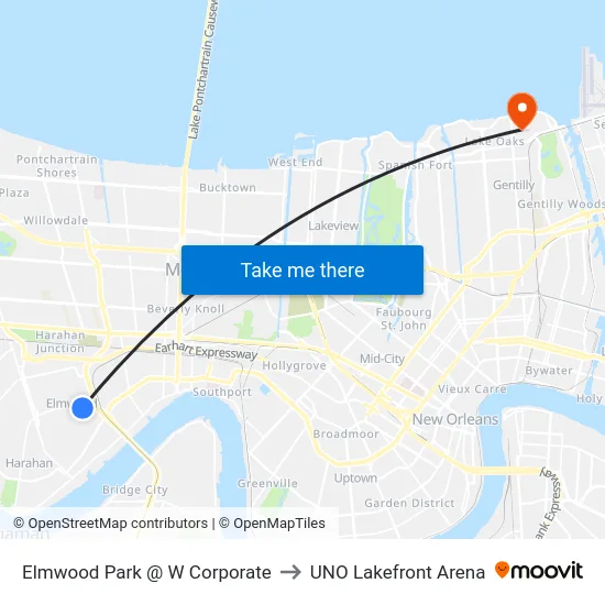 Elmwood Park @ W Corporate to UNO Lakefront Arena map