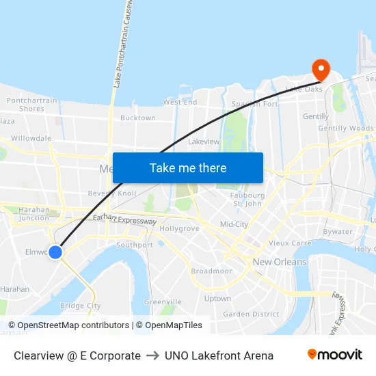 Clearview @ E Corporate to UNO Lakefront Arena map