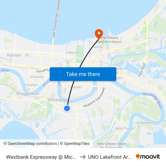 Westbank Expressway @ Michael to UNO Lakefront Arena map