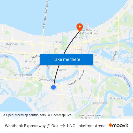 Westbank Expressway @ Oak to UNO Lakefront Arena map