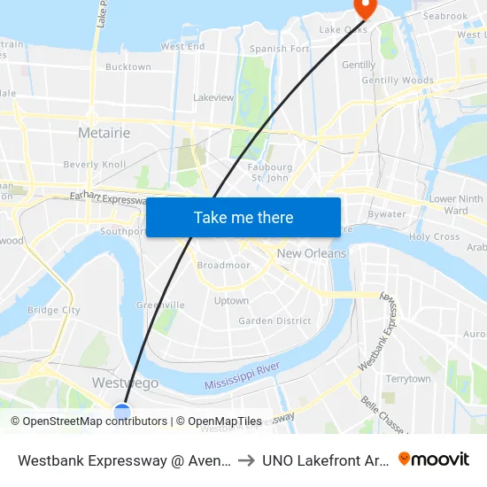 Westbank Expressway @ Avenue H to UNO Lakefront Arena map