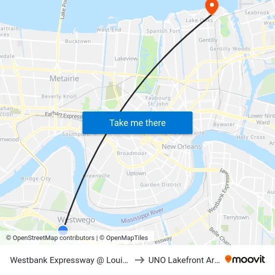 Westbank Expressway @ Louisiana to UNO Lakefront Arena map