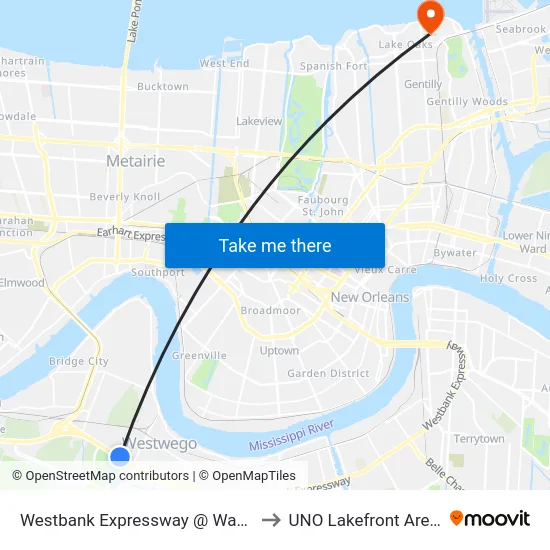 Westbank Expressway @ Wayne to UNO Lakefront Arena map