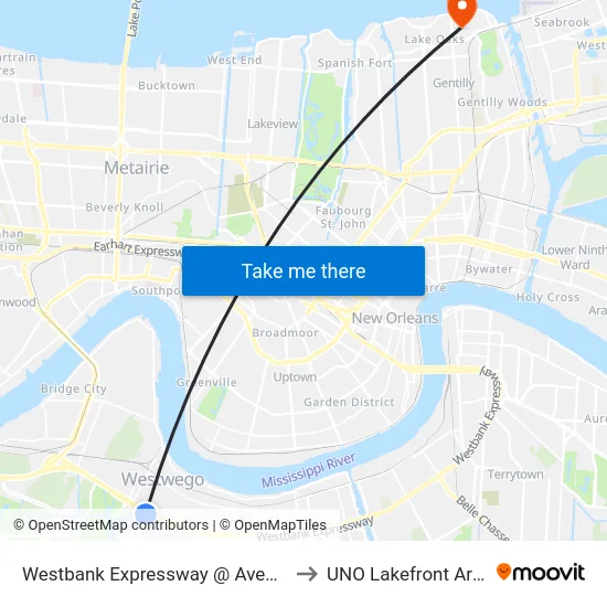 Westbank Expressway @ Avenue D to UNO Lakefront Arena map