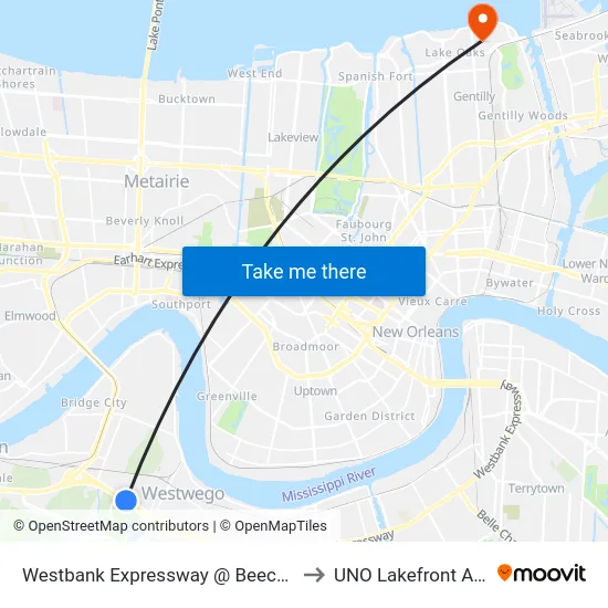 Westbank Expressway @ Beechgrove to UNO Lakefront Arena map