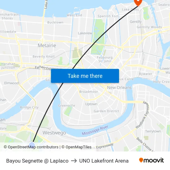 Bayou Segnette @ Laplaco to UNO Lakefront Arena map