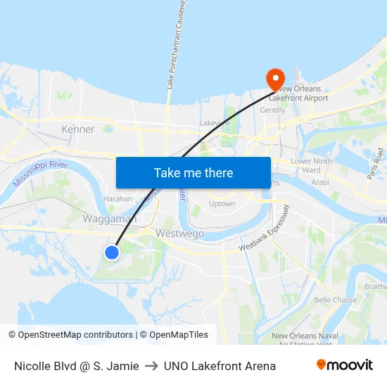 Nicolle Blvd @ S. Jamie to UNO Lakefront Arena map