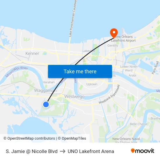 S. Jamie @ Nicolle Blvd to UNO Lakefront Arena map
